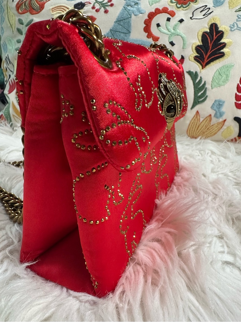 Kurt Geiger • Red Satin Kensington with Rabbit Print Glass Rhinestones Purse - Picture 10 of 17